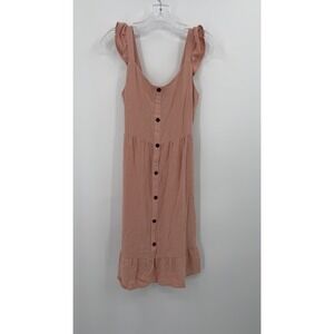 Monteau Pink Button Front Smocked Back Ruffle‎ Strap Midi Dress Size S